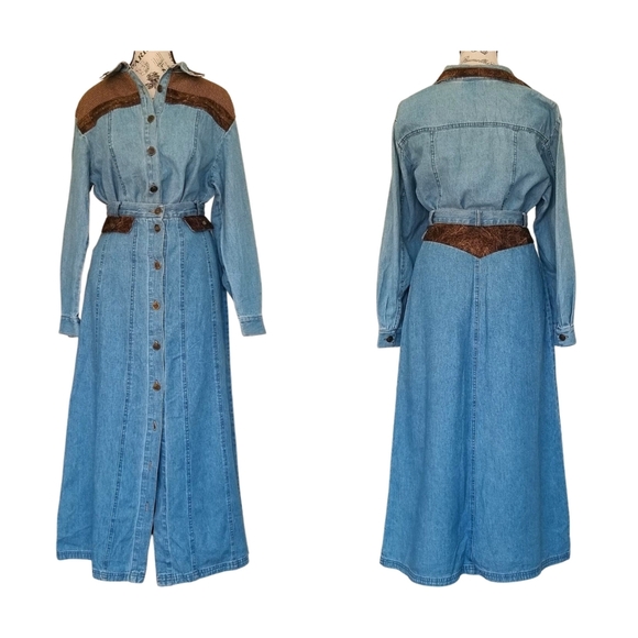 90s denim set embellished shirt & maxi button front skirt - Picture 2 of 10